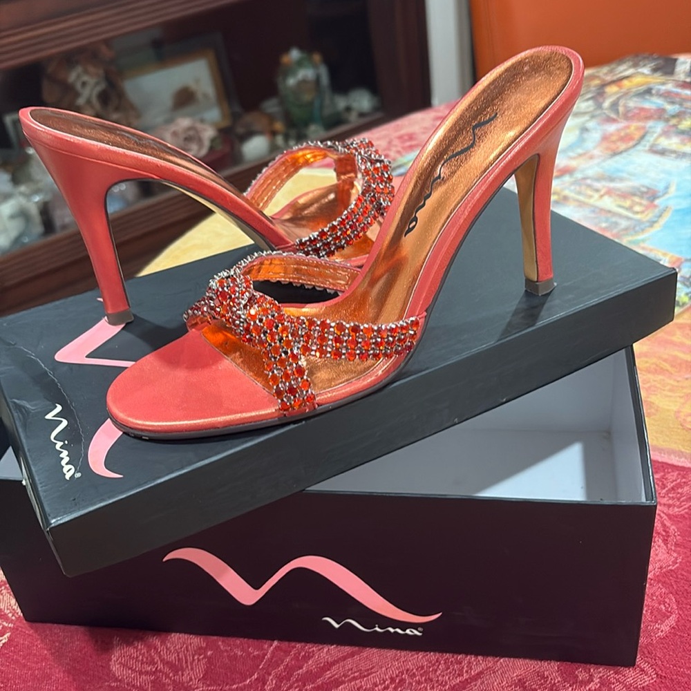 Beautiful Tangerine Pearlized Leather Slides with Coordinating Faux Gemstones